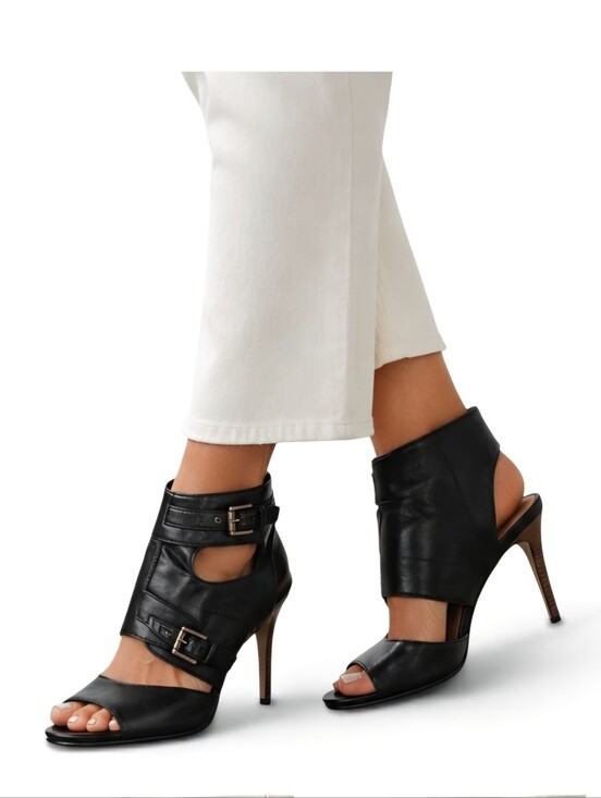 Coach Shoes - Coach Filomena Black Leather Buckle Peep Toe Stiletto Heels Size 8.5B